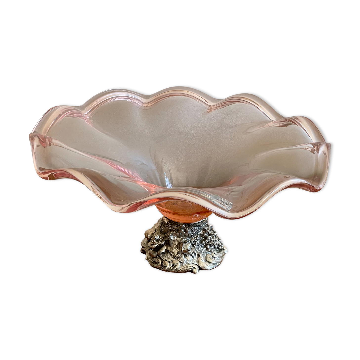 Pink blown glass cup on foot grape decoration