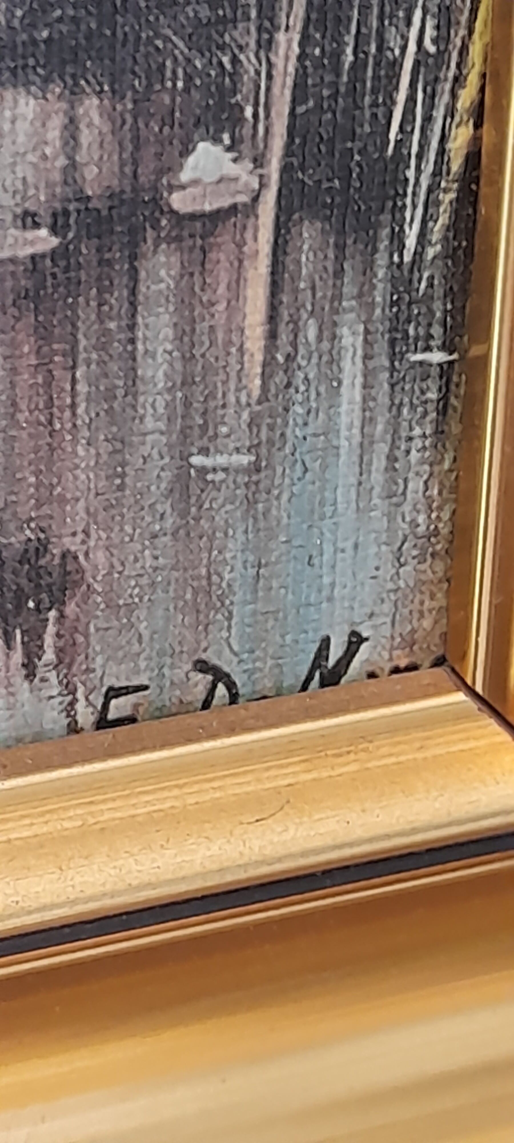 Painting landscape tree and river, golden frame, signature to identify