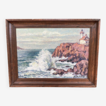 Oil on canvas Bedeaux signature to identify sea rocky coast lighthouse 20th century