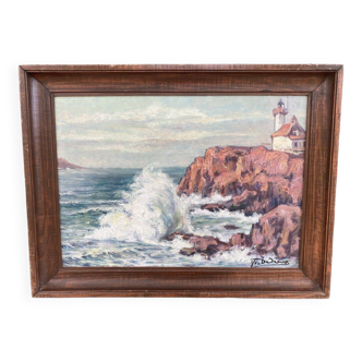 Oil on canvas Bedeaux signature to identify sea rocky coast lighthouse 20th century