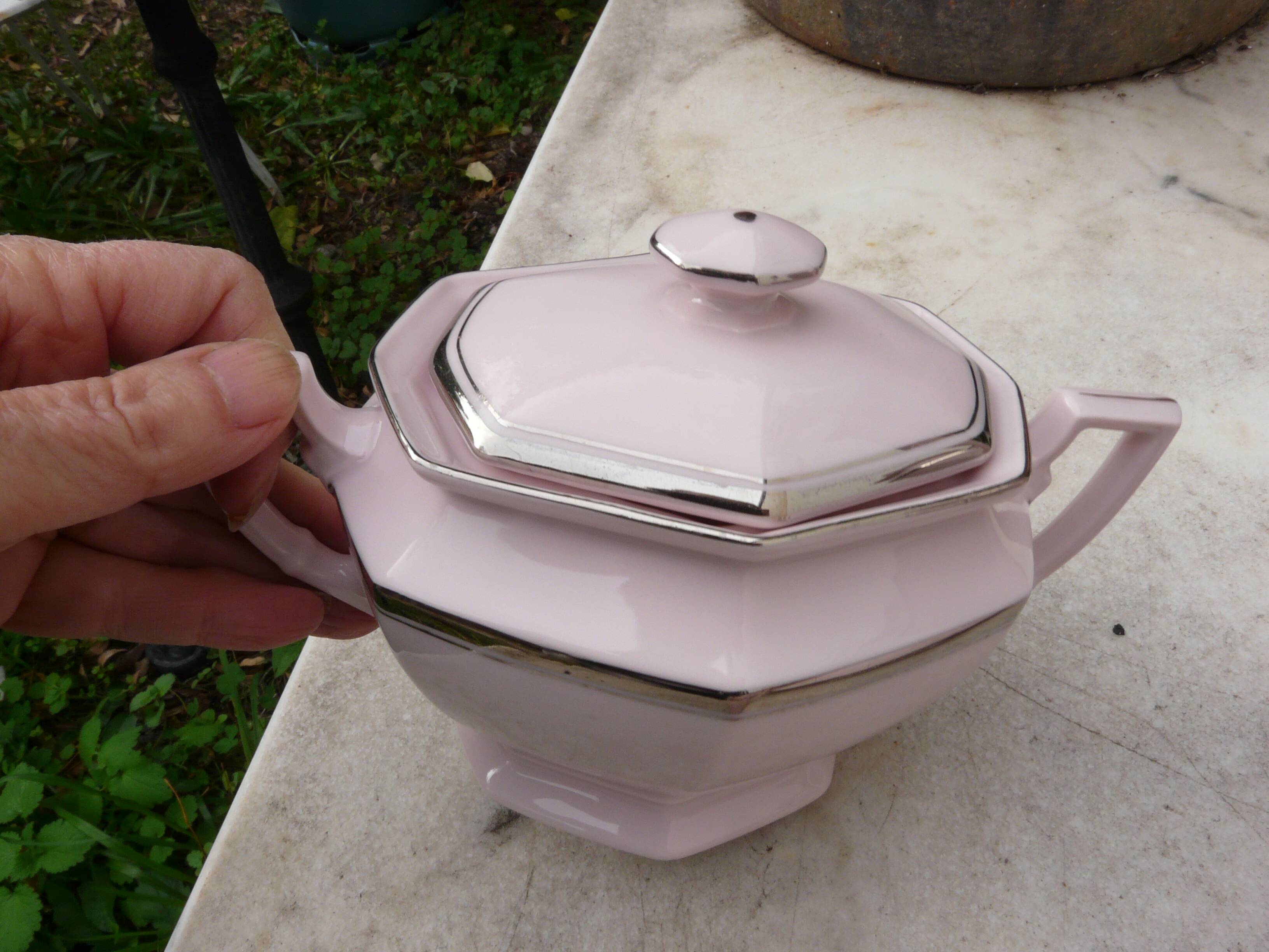 Coffee service, art deco tea, powder pink and silver stamped Czechoslovak porcelain