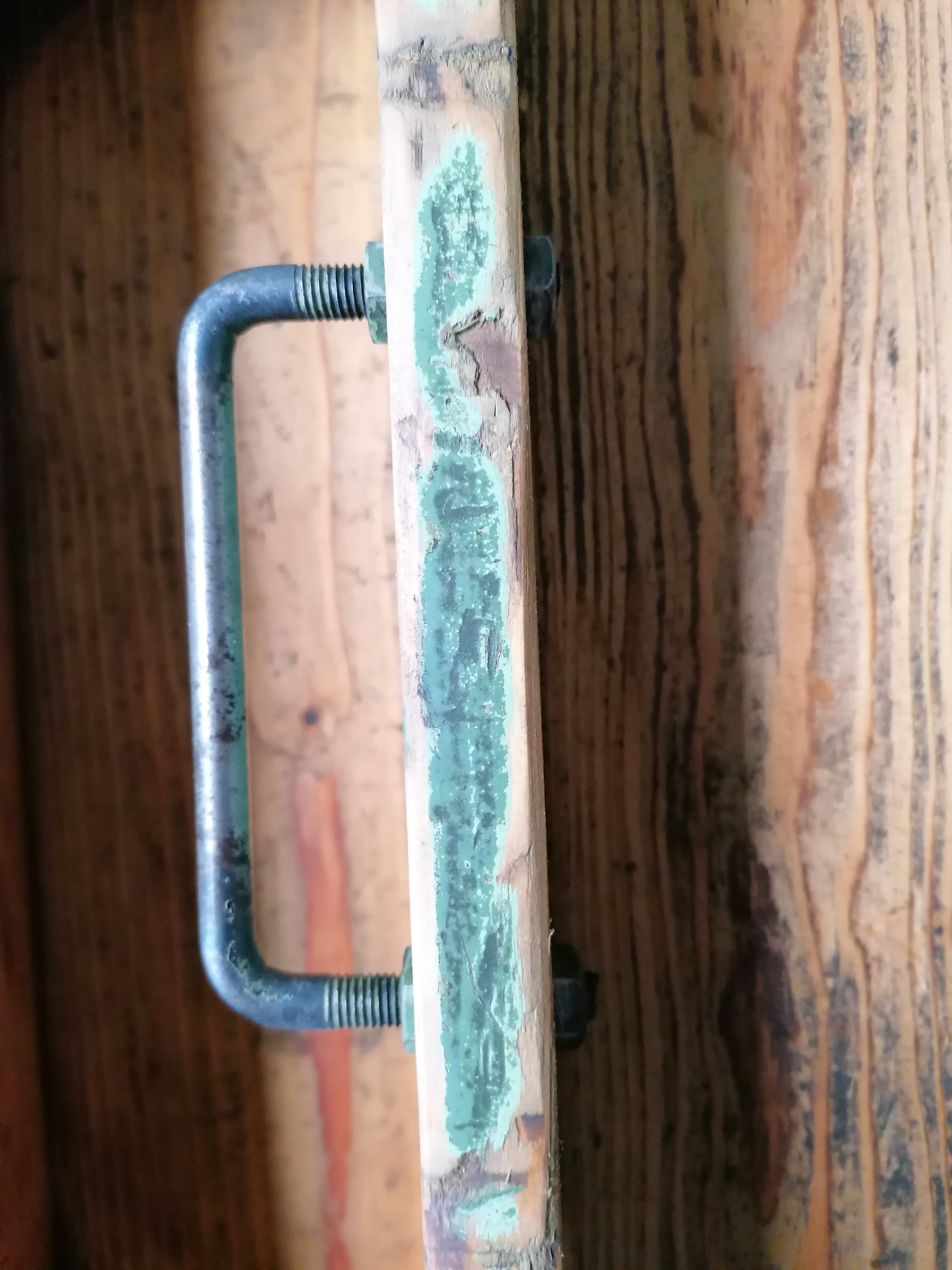 Old wooden garage workbench, industrial vintage.