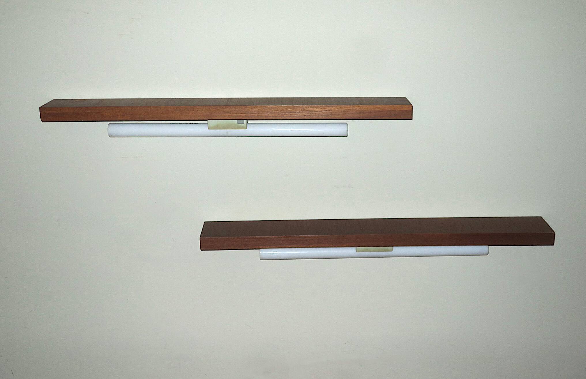 Pair of Danish teak shelves with wall lights, 1960s