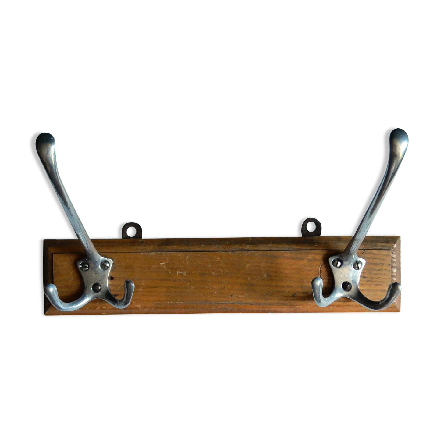 Double metal hook on wooden base
