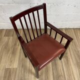 Varnished mahogany armchair with imitation leather seat, 70s