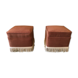 Duo of old pink poufs with fringes