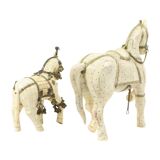 Pair of Decorative Wooden Horses Covered with Bone Mosaic Silver Plated