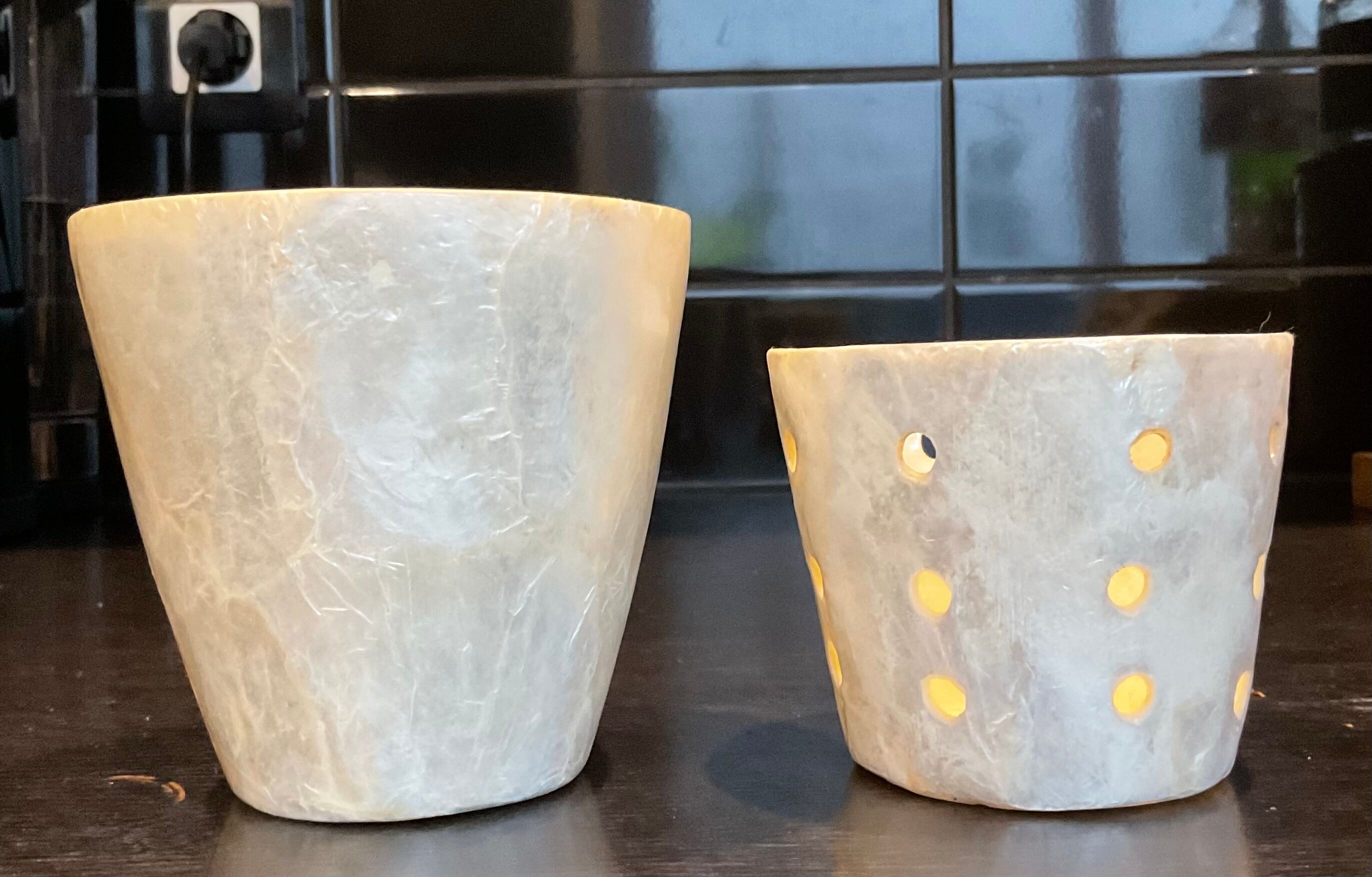 Duo Of 2 vintage mother-of-pearl pot covers