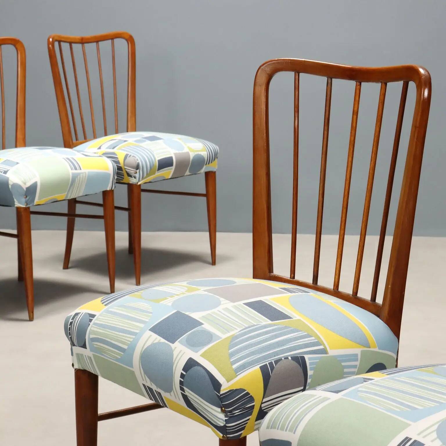 Vintage beech and fabric chairs, design, Italy, 1960s