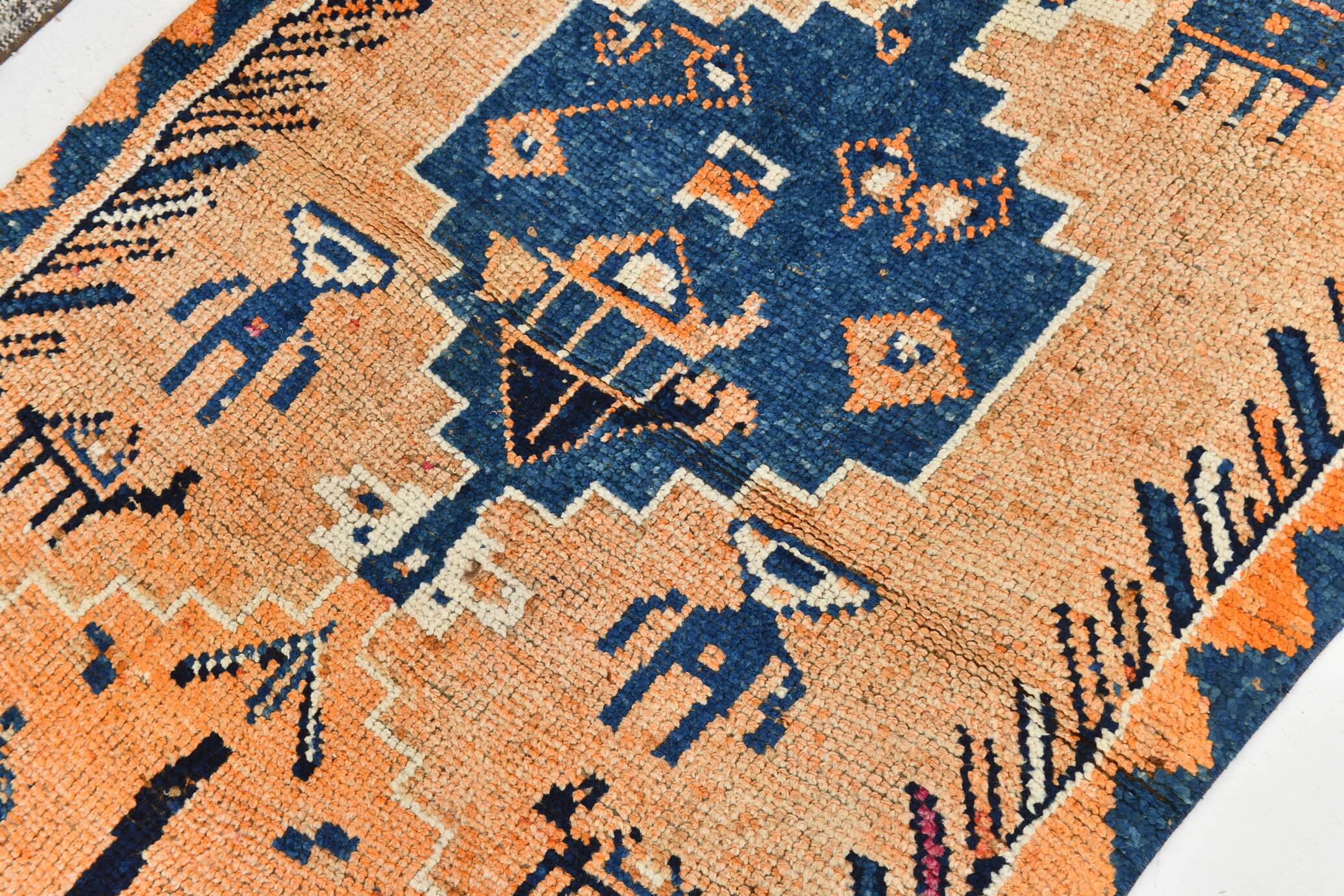 Tapis couloir vintage orange et bleu marine à motifs berbères, 105x339 Cm