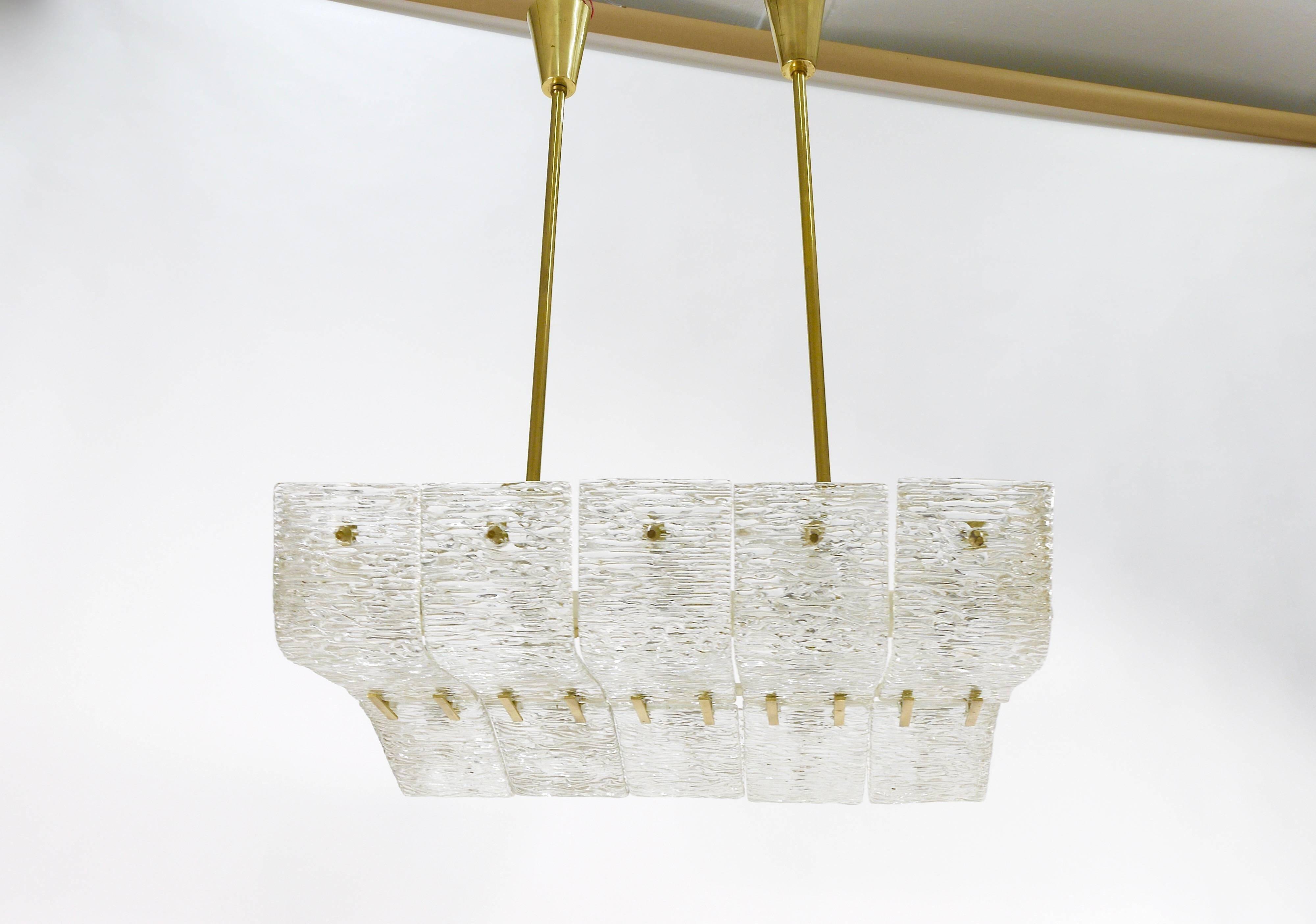 J.T. Kalmar enormous brass and textured glass chandelier, Austria, 1950s
