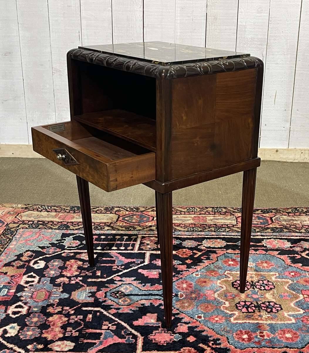 Art Deco bedside table in rosewood, walnut burl, and marble top.