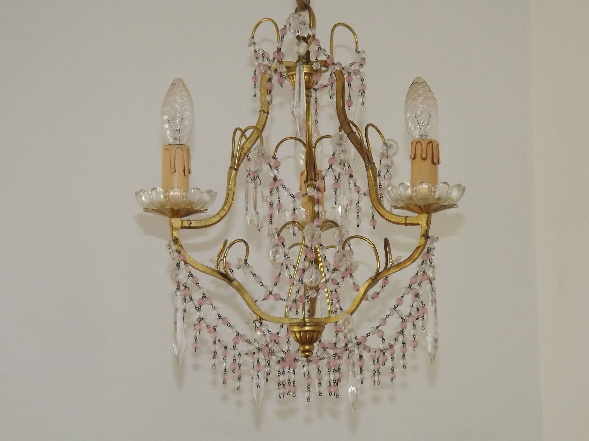 French gilt bronze three-light cage chandelier with pink and clear beaded swags.