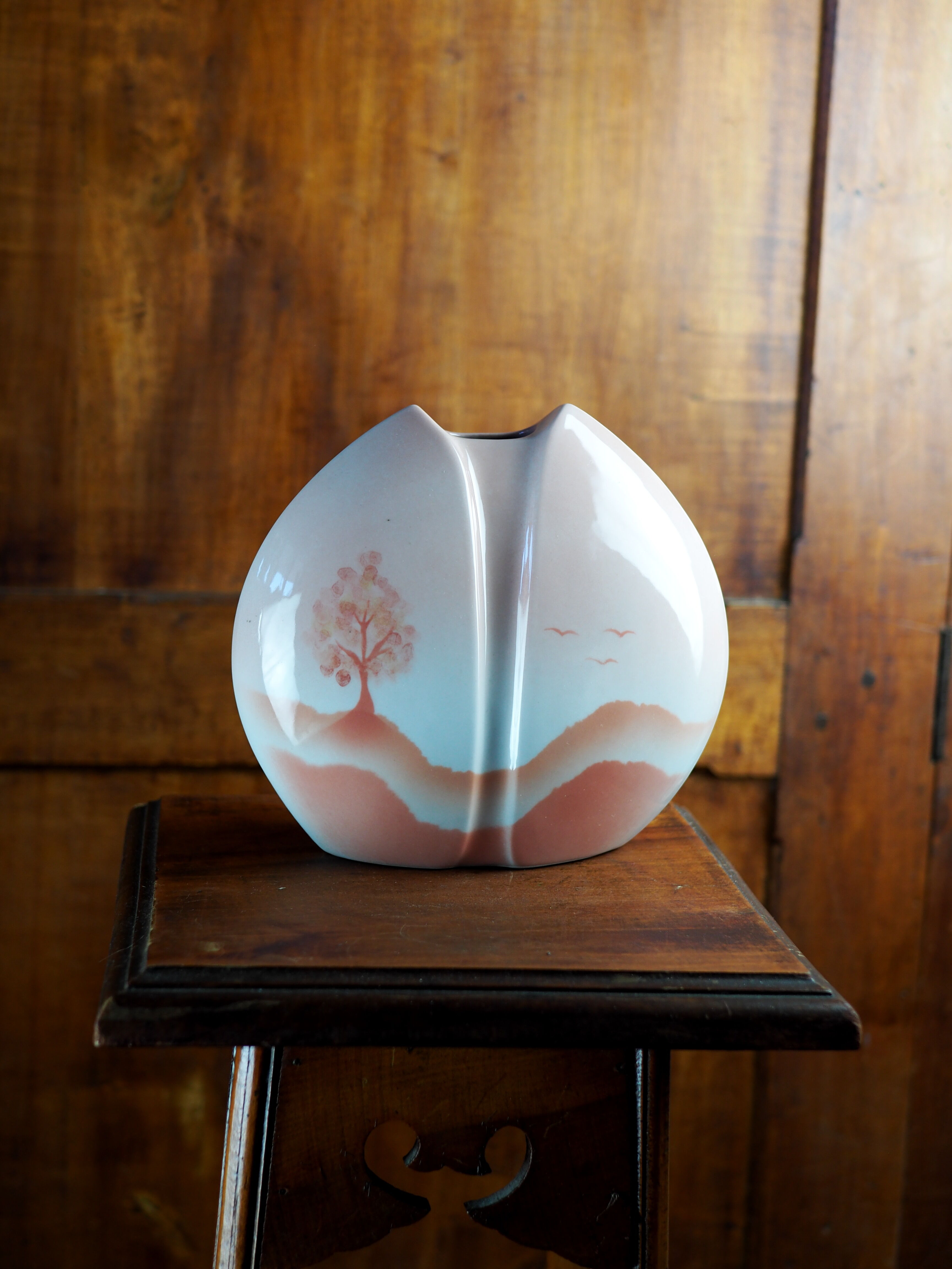 Pink lens vase, poetic landscape tree & flight of birds - Yves Mohy, porcelain of Virebent - ann