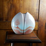 Pink lens vase, poetic landscape tree & flight of birds - Yves Mohy, porcelain of Virebent - ann