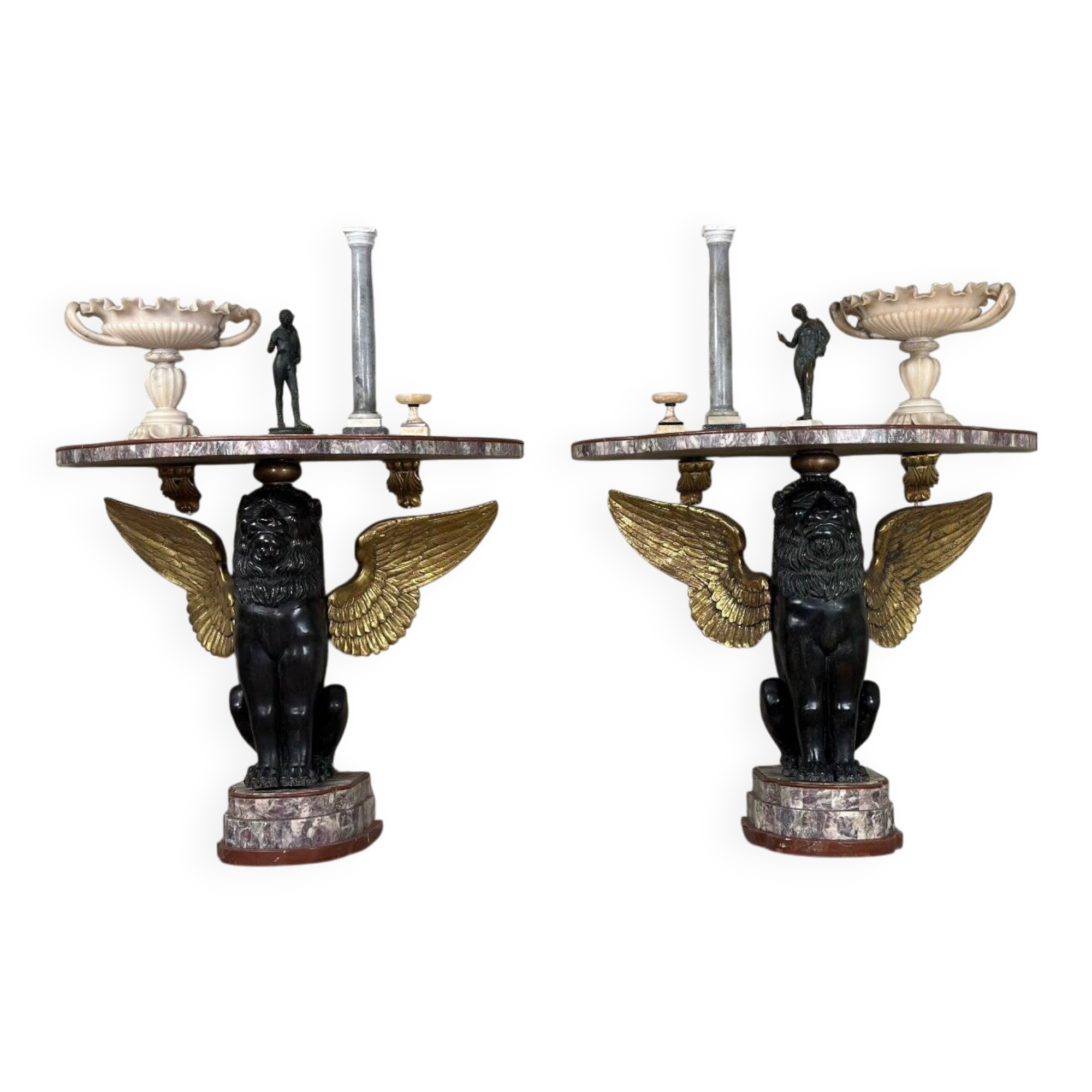 Pair of marble and bronze console tables, Italy, circa 1930