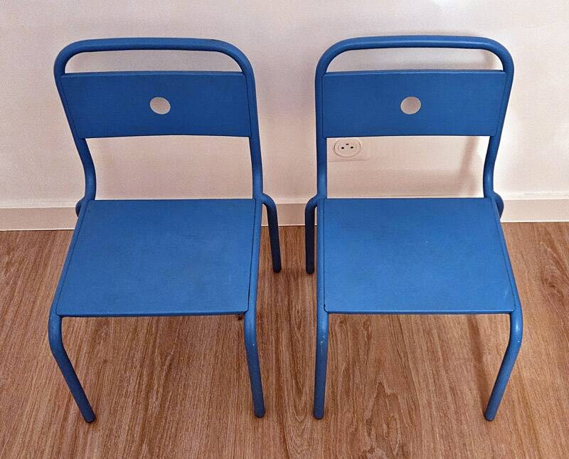Pair of vintage blue metal school chairs – 1960s