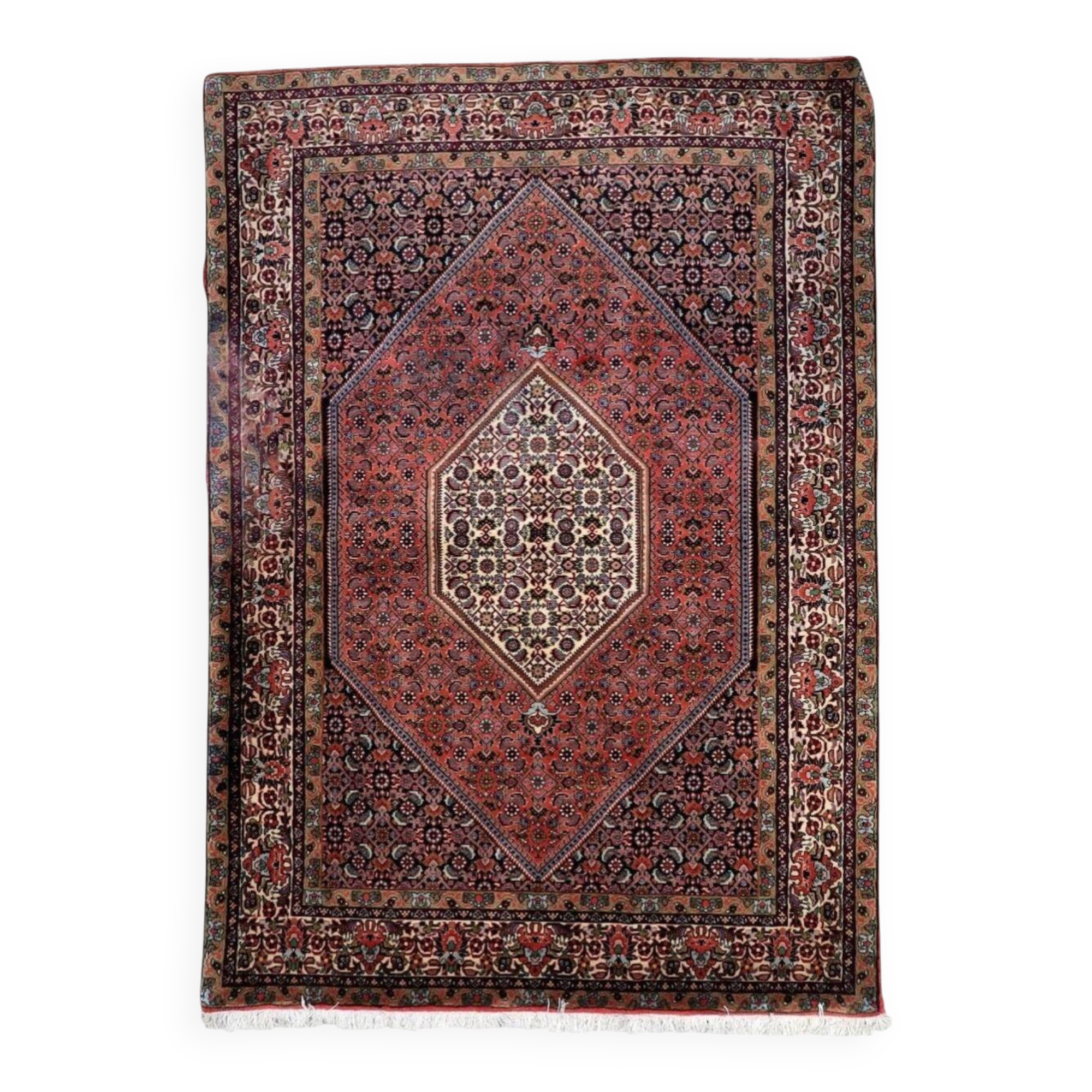 Vintage 1950s Persian Bidjar rug, geometric medallion, 135cm x 209cm