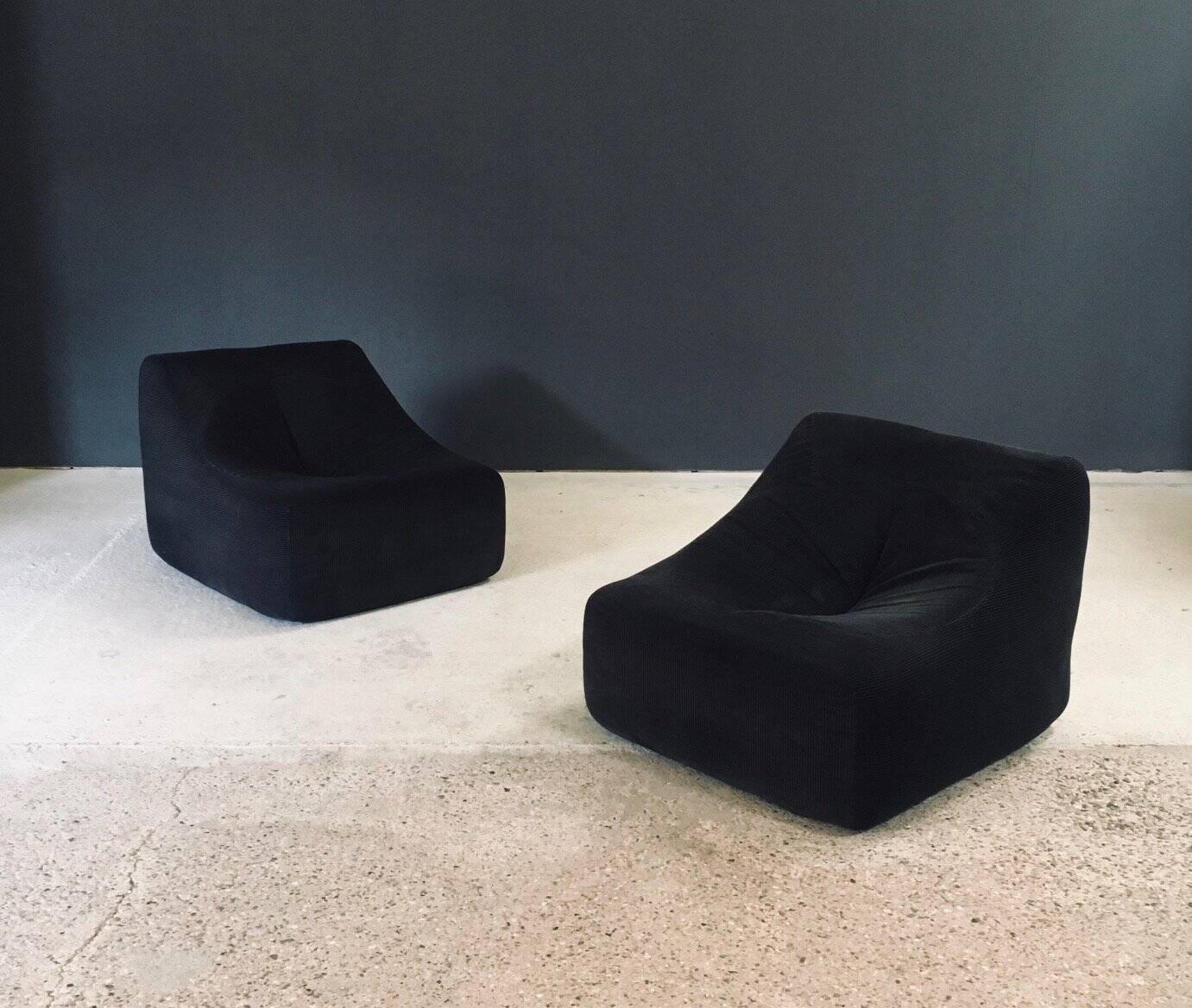 Mid-Century Modern French Corduroy Lounge Chairs, 1970s, Set of 2