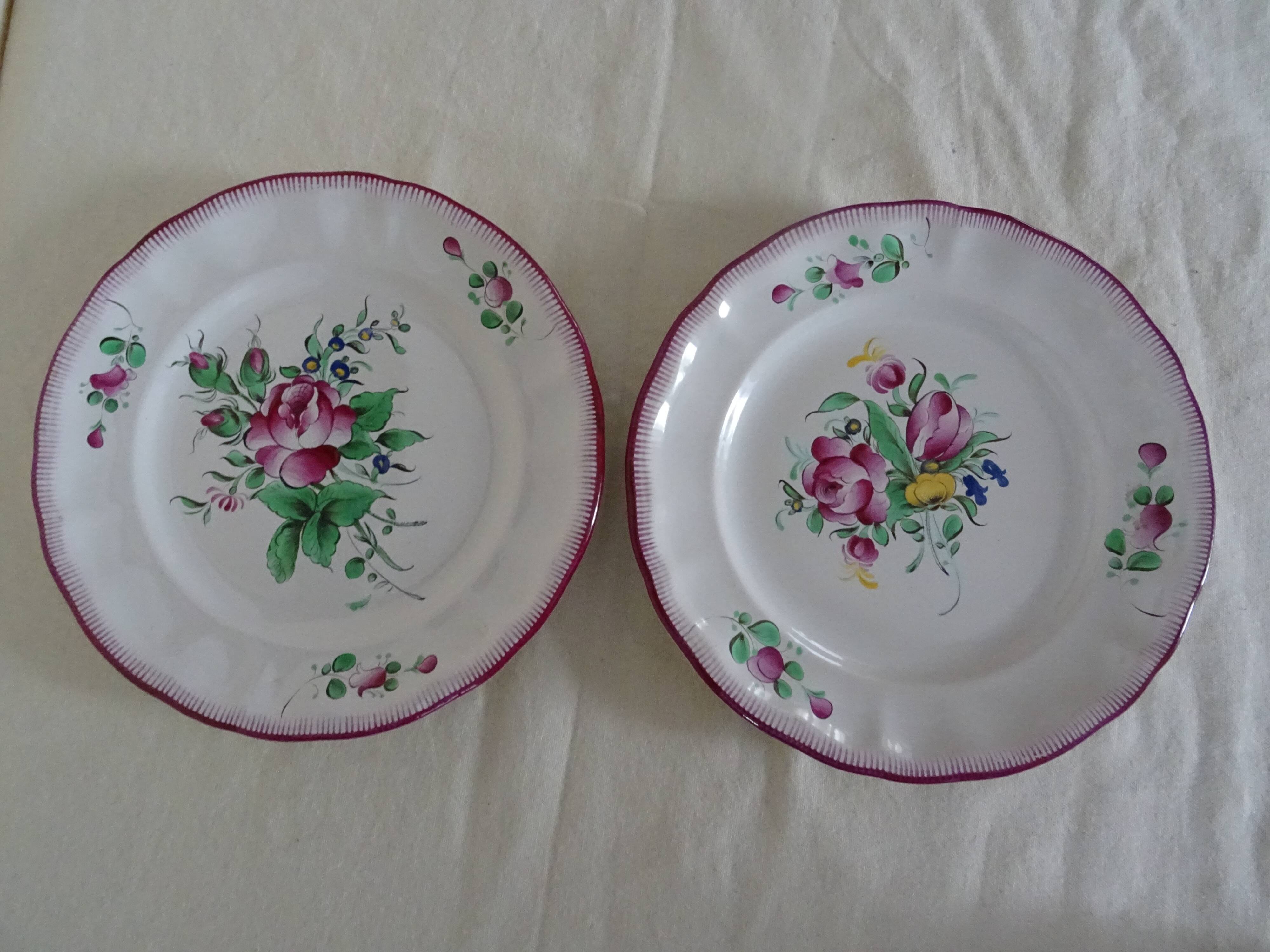 2 flat plates red flower faience Saint Clément