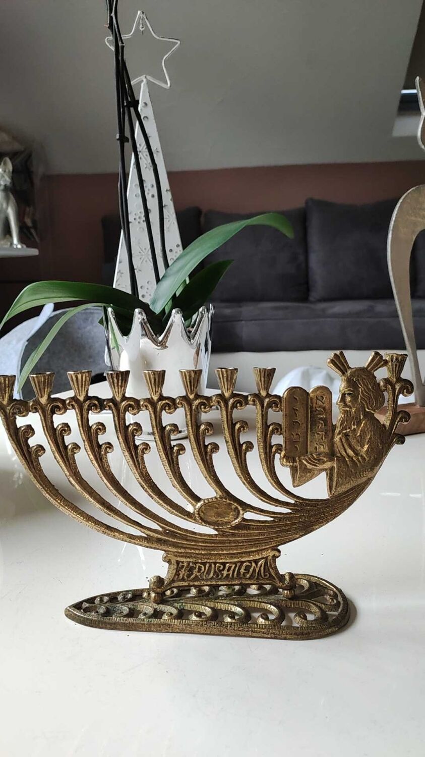Ménorah/chandelier hébreu à 9 branches + bougies/ jérusalem, signé wainberg israël