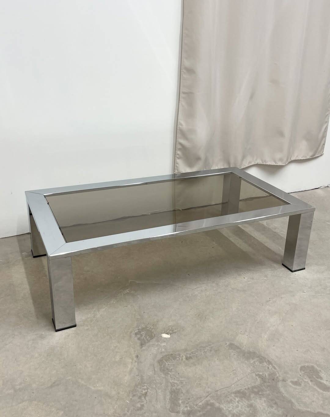 Rectangular coffee table in chromed metal and smoked glass, circa 1970