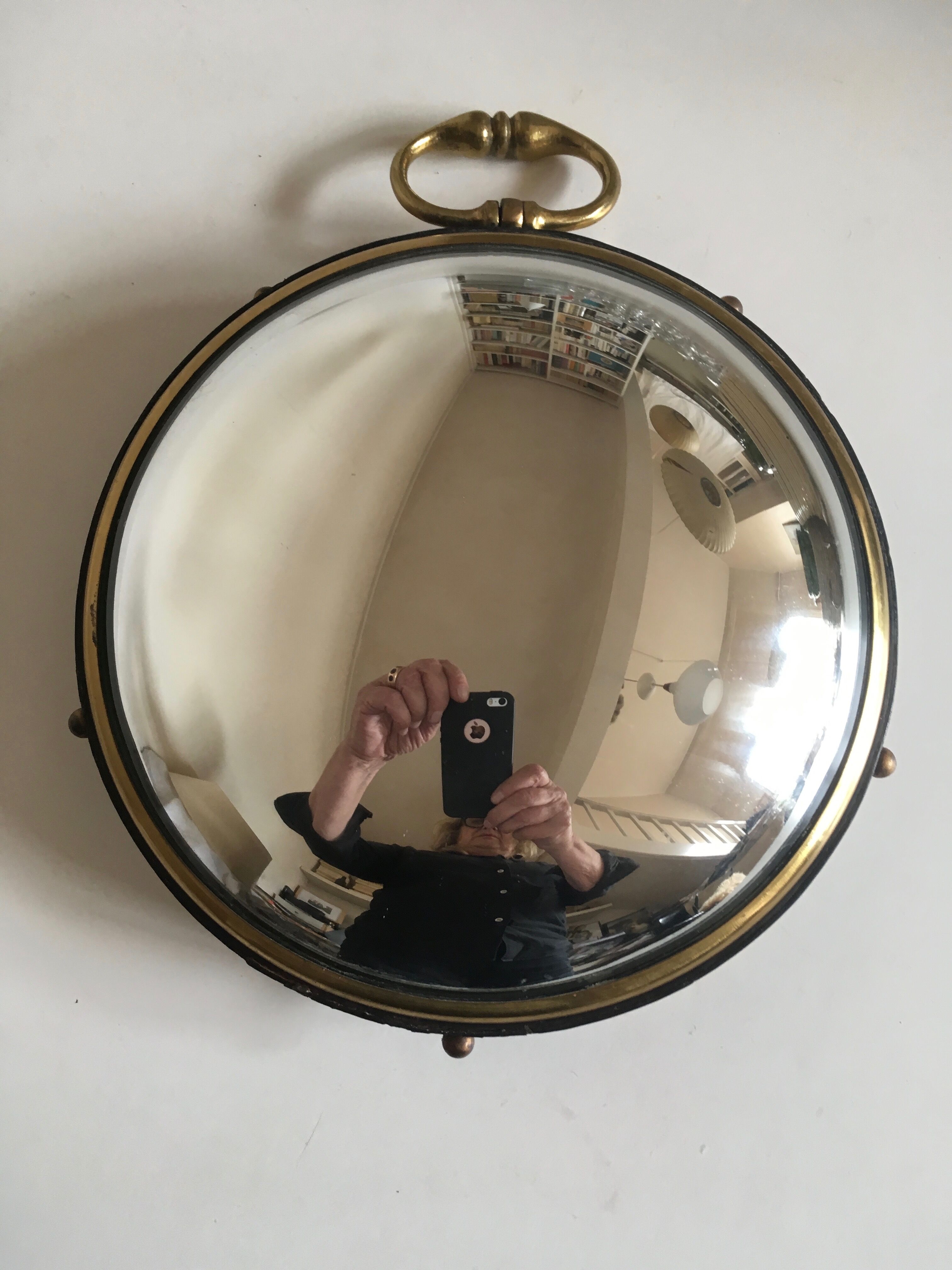 Leather and brass bulging witch mirror 1970 21cm
