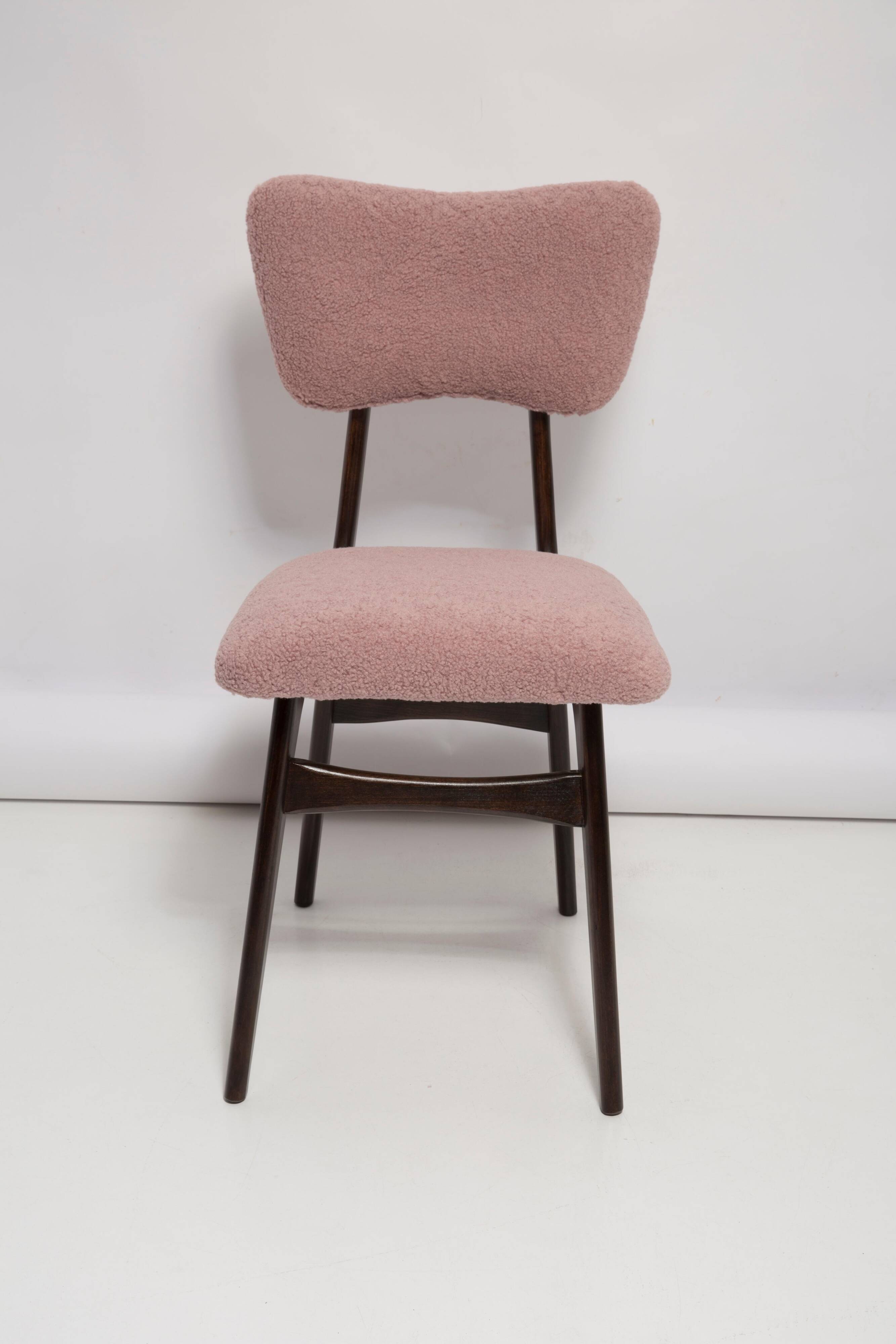 Mid-century "Butterfly" dining chair in pink boucle and walnut beech, Poland, 1960.