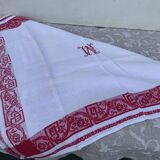 Vintage Large Damask Tablecloth with Six Monogram M Napkins.