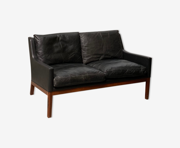 Danish 2-seater sofa in black leather & Palisander Kai Lyngfeldt for Søren Willadsen