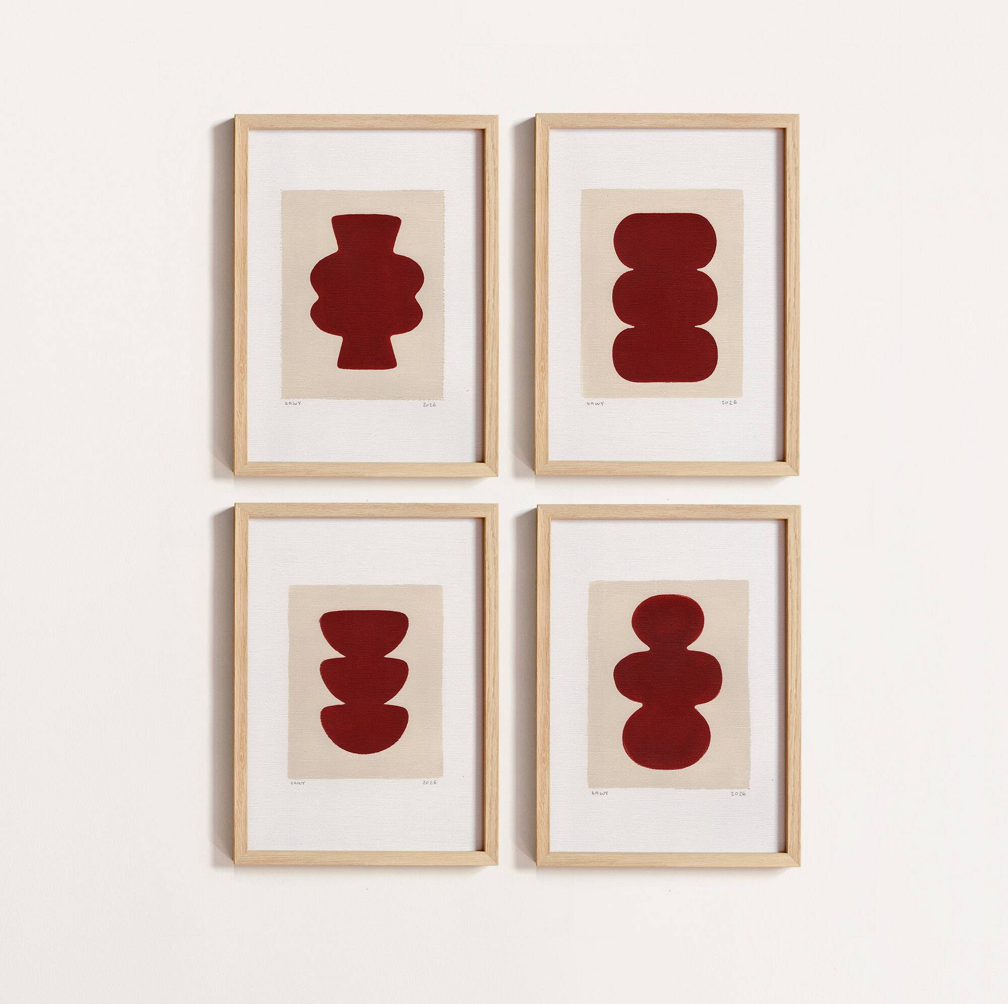 Collection de 4 peintures abstraites sur papier col.bordeaux signées Eawy