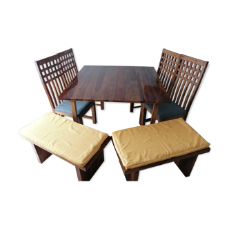 Set square table 6/8 people + 4 chairs + 2 benches