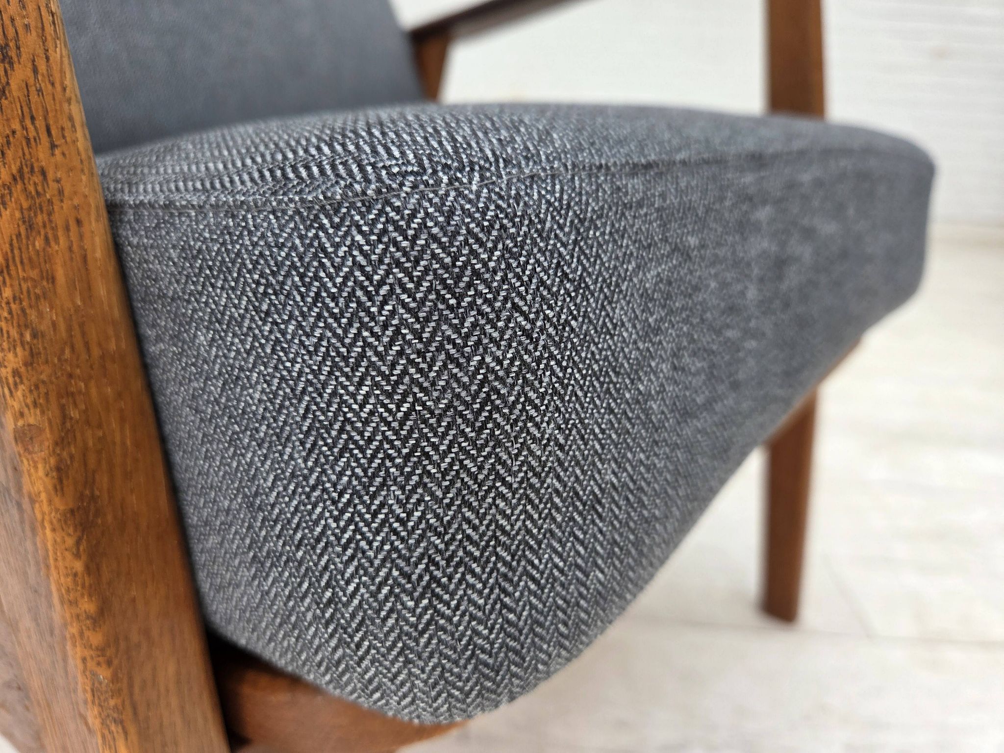 1970s, pair of Danish armchairs, reupholstered, furniture wool, teak, oak.