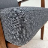 1970s, pair of Danish armchairs, reupholstered, furniture wool, teak, oak.