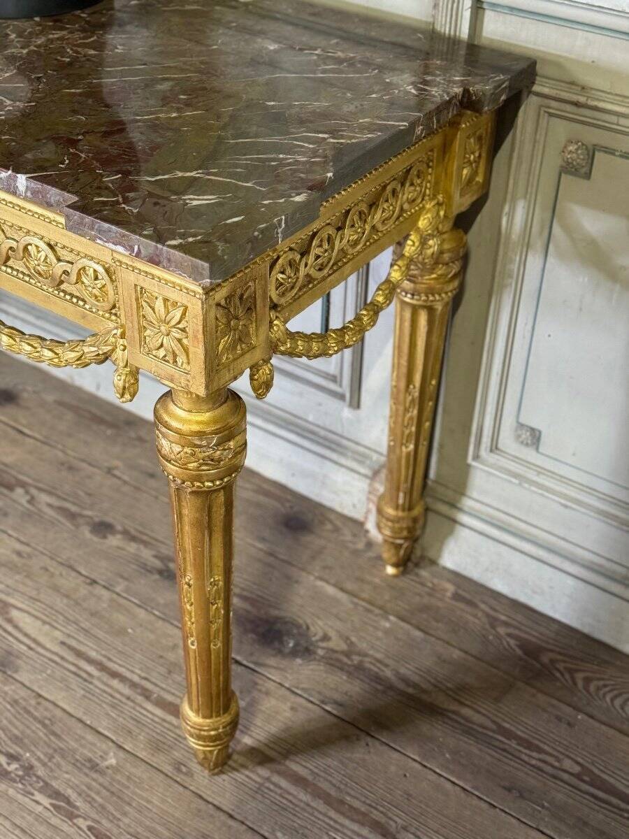 Louis XVI Console in Gilded Wood, Grey Ardennes Marble, 18th Century