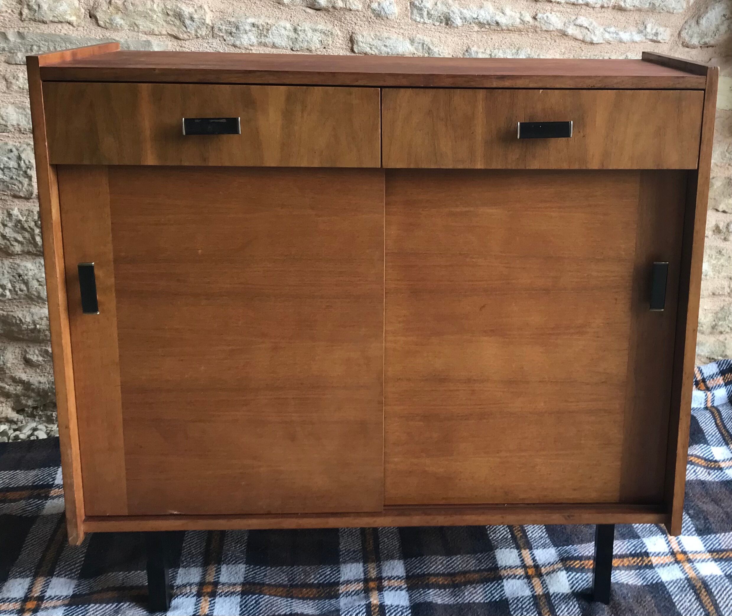 Vintage storage cabinet sideboard two sliding doors two drawers