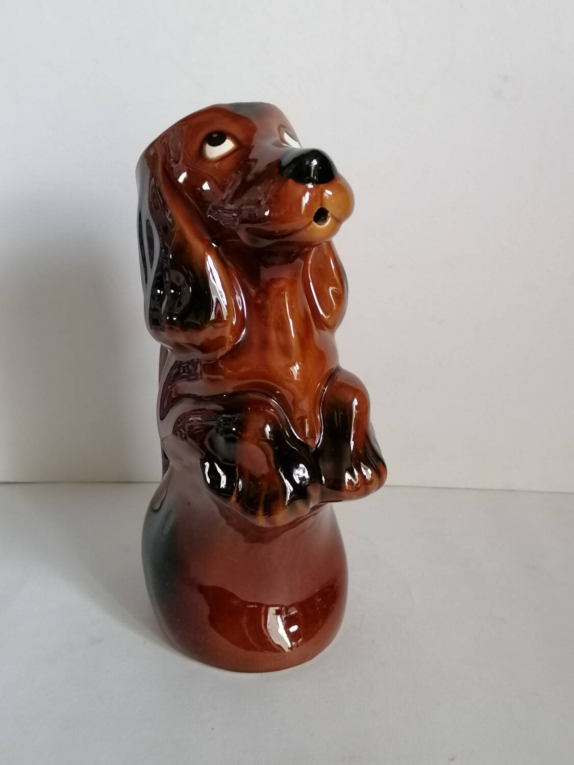 Zoomorphic dachshund dog pitcher in majolica slip