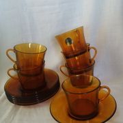 Duralex tea set, 6 large amber glass cups and saucers