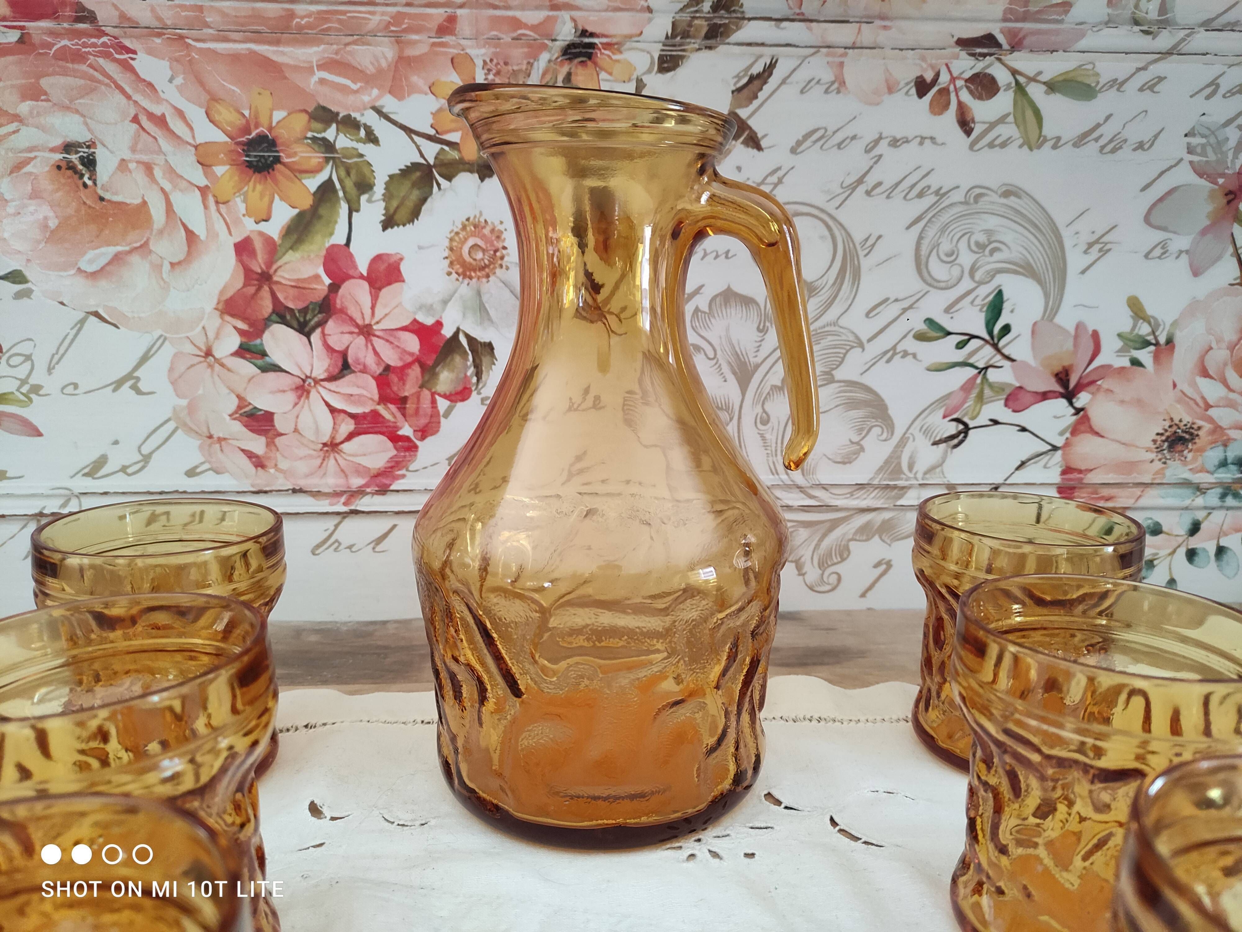 Vintage Italian orangeade or lemonade service 8 pieces 7 people textured amber glass