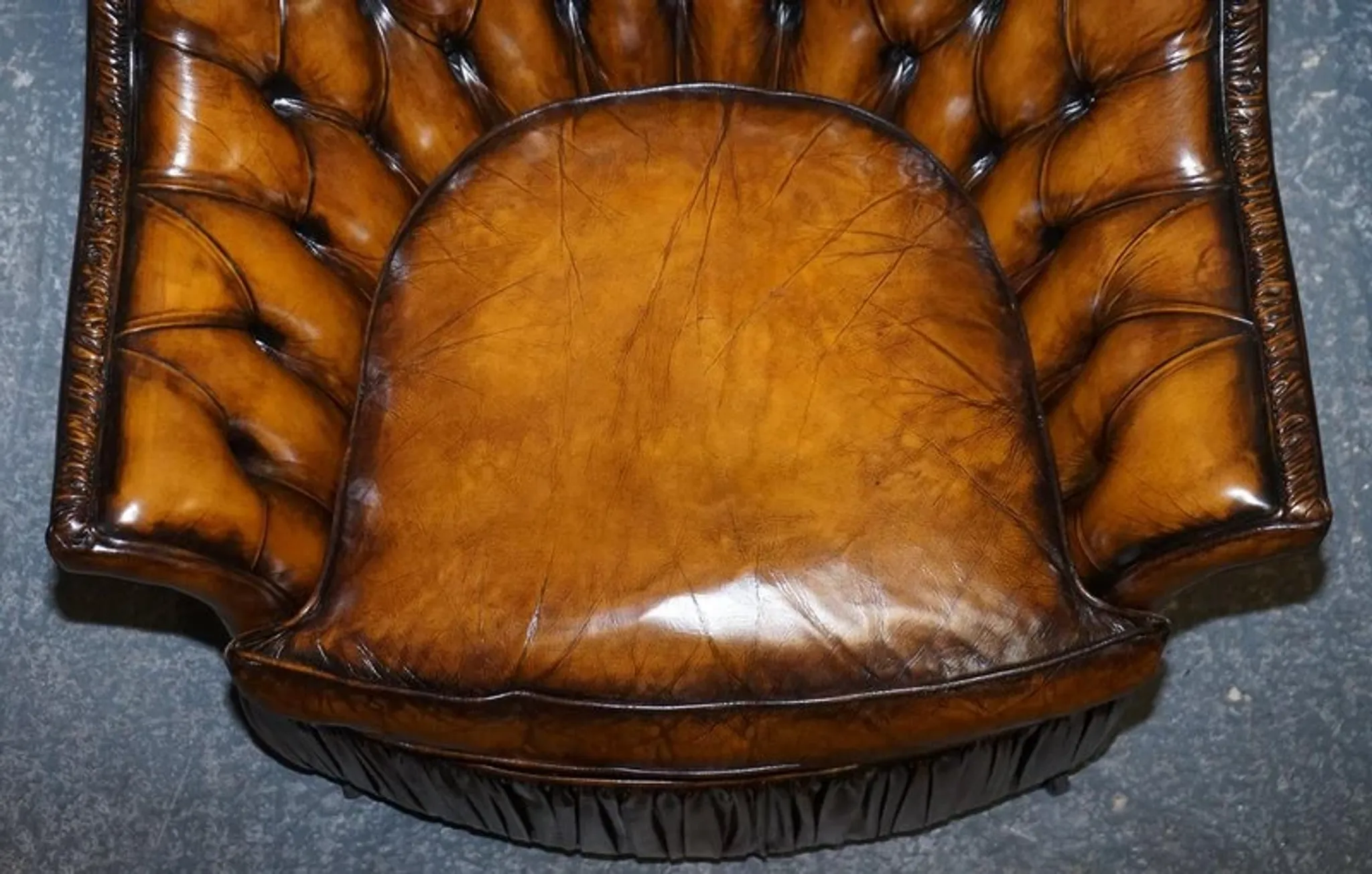 Brown Hand-Dyed Leather Chesterfield Armchairs with Pleated Front, Set of 2