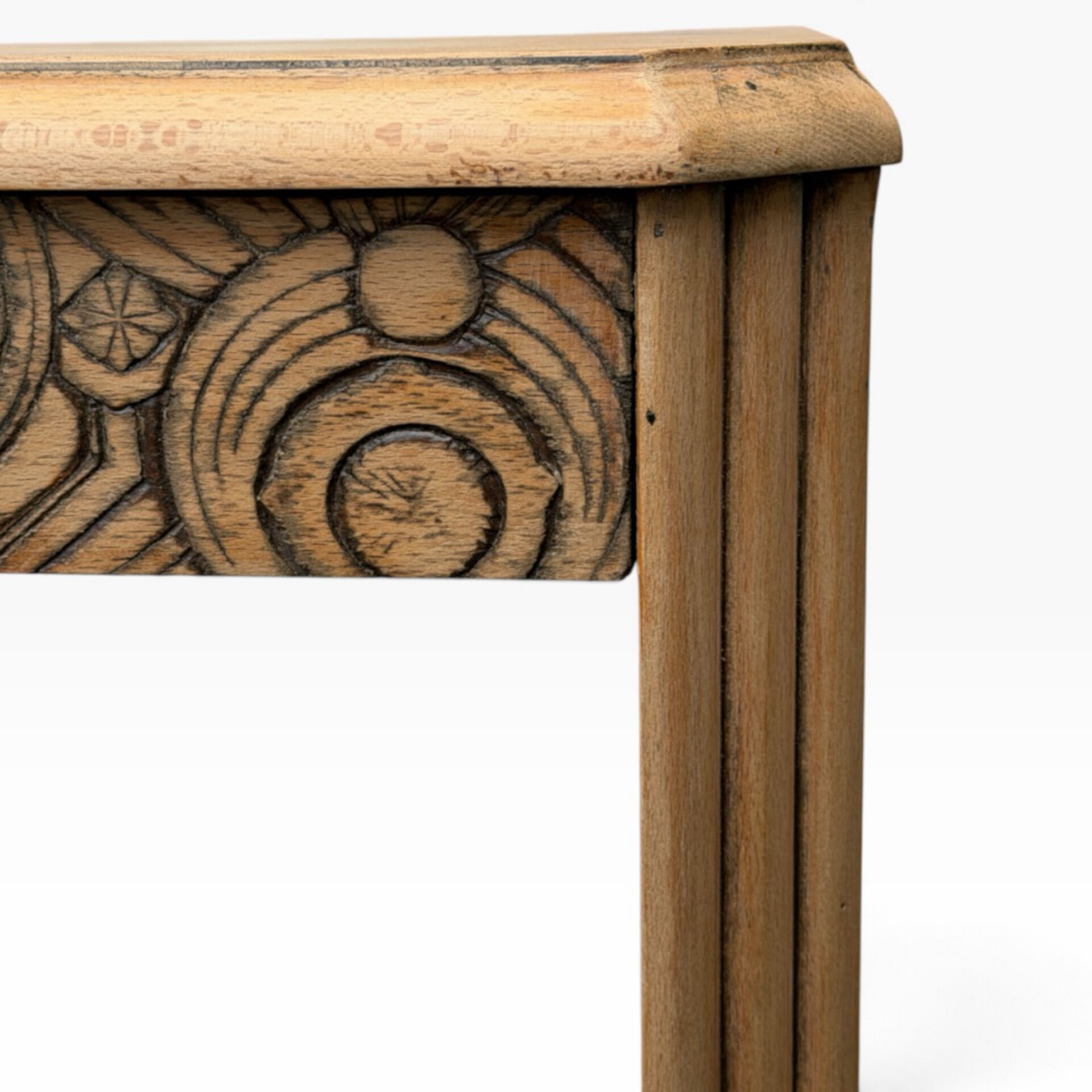 Art Deco console in raw wood with floral decoration, renovated 1930.