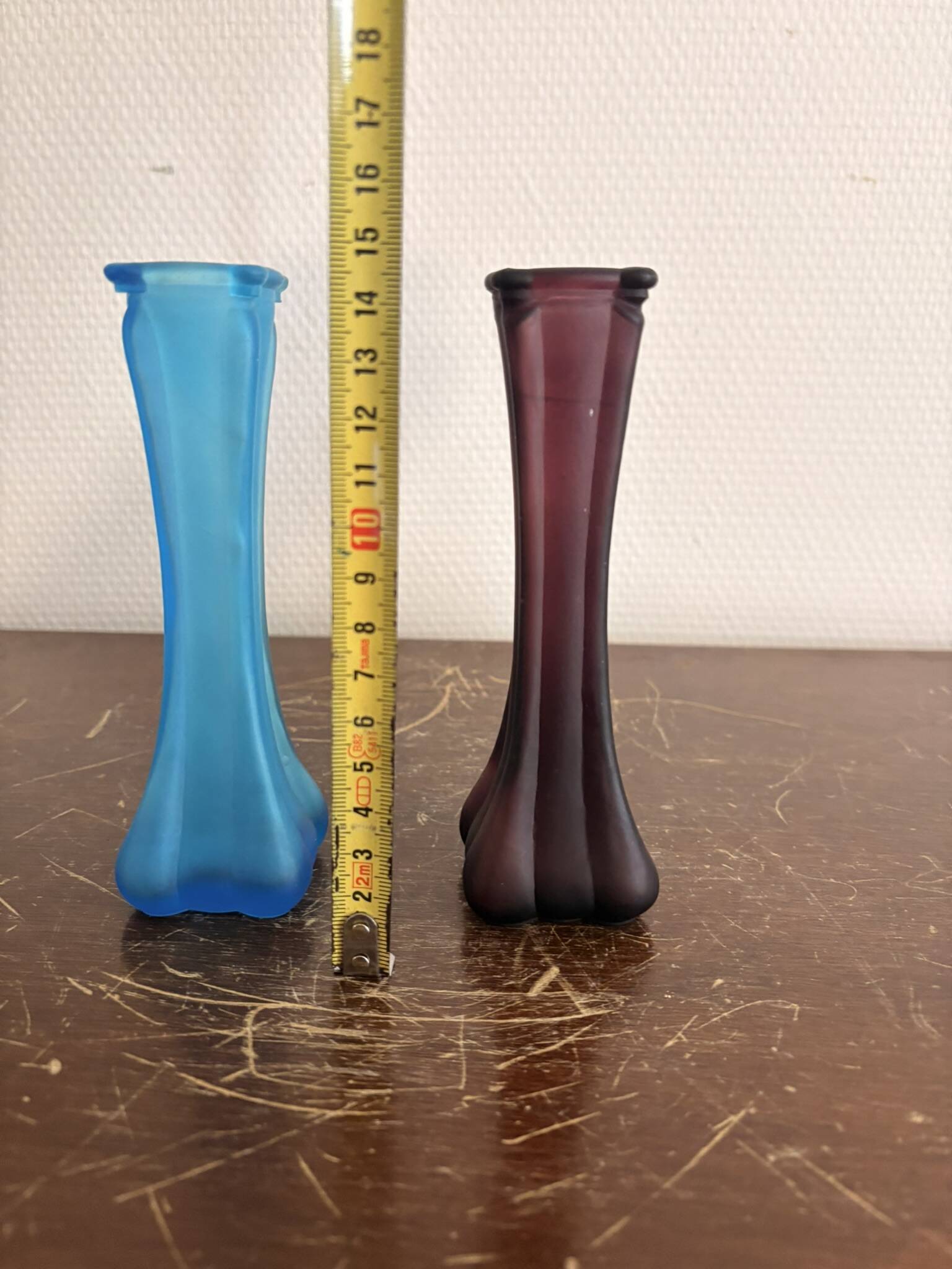 Antique Pair of Art Nouveau Frosted Glass Soliflore Vases in Blue and Purple