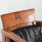 Black leather set of 4 Art Deco design dining chairs with armrests