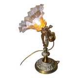 1920 bronze and brass rocking lamp with translucent amber-colored shade