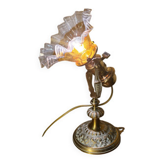 1920 bronze and brass rocking lamp with translucent amber-colored shade