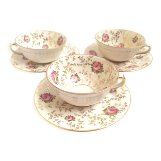 Set of three cups and Limoges porcelain cups kitsch rose pattern