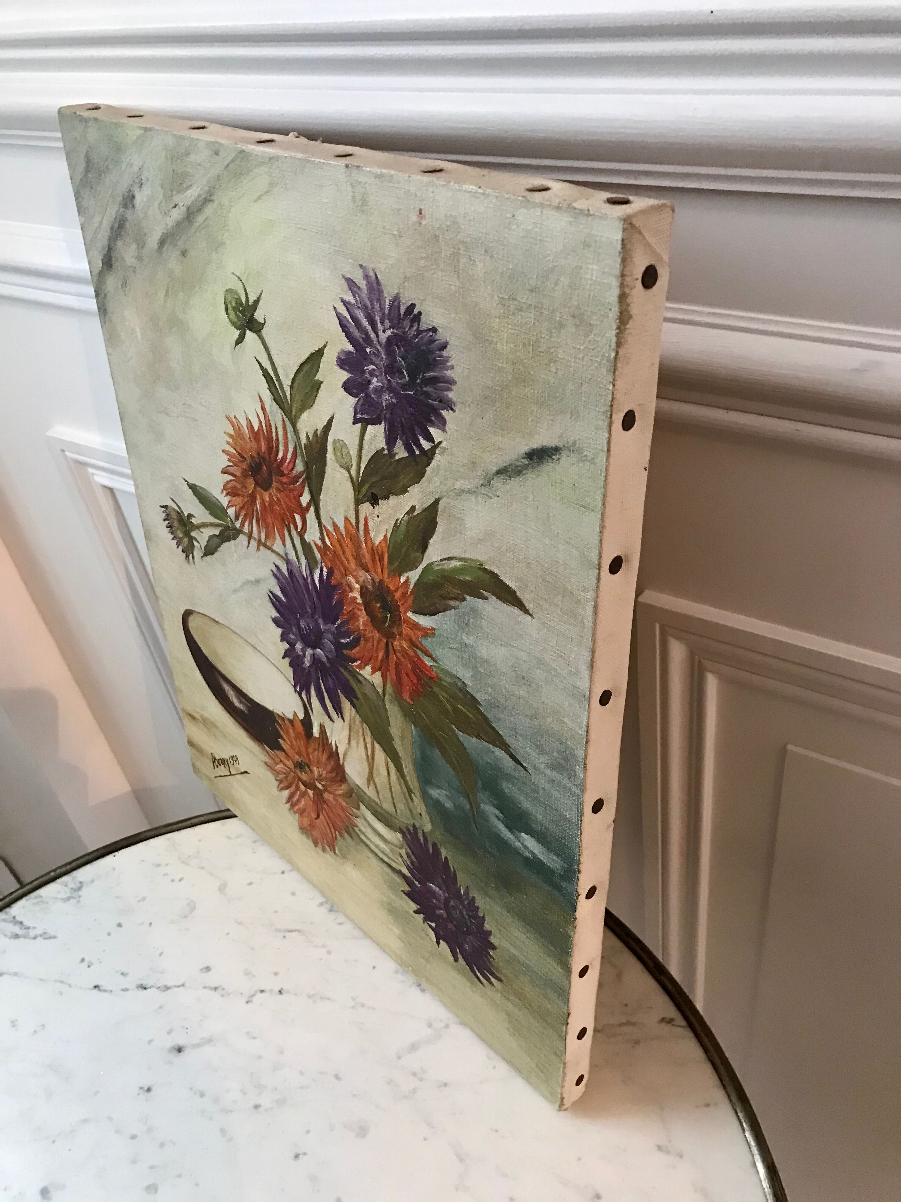 Oil painting on canvas still life bouquet buttercups and lilacs signed vintage