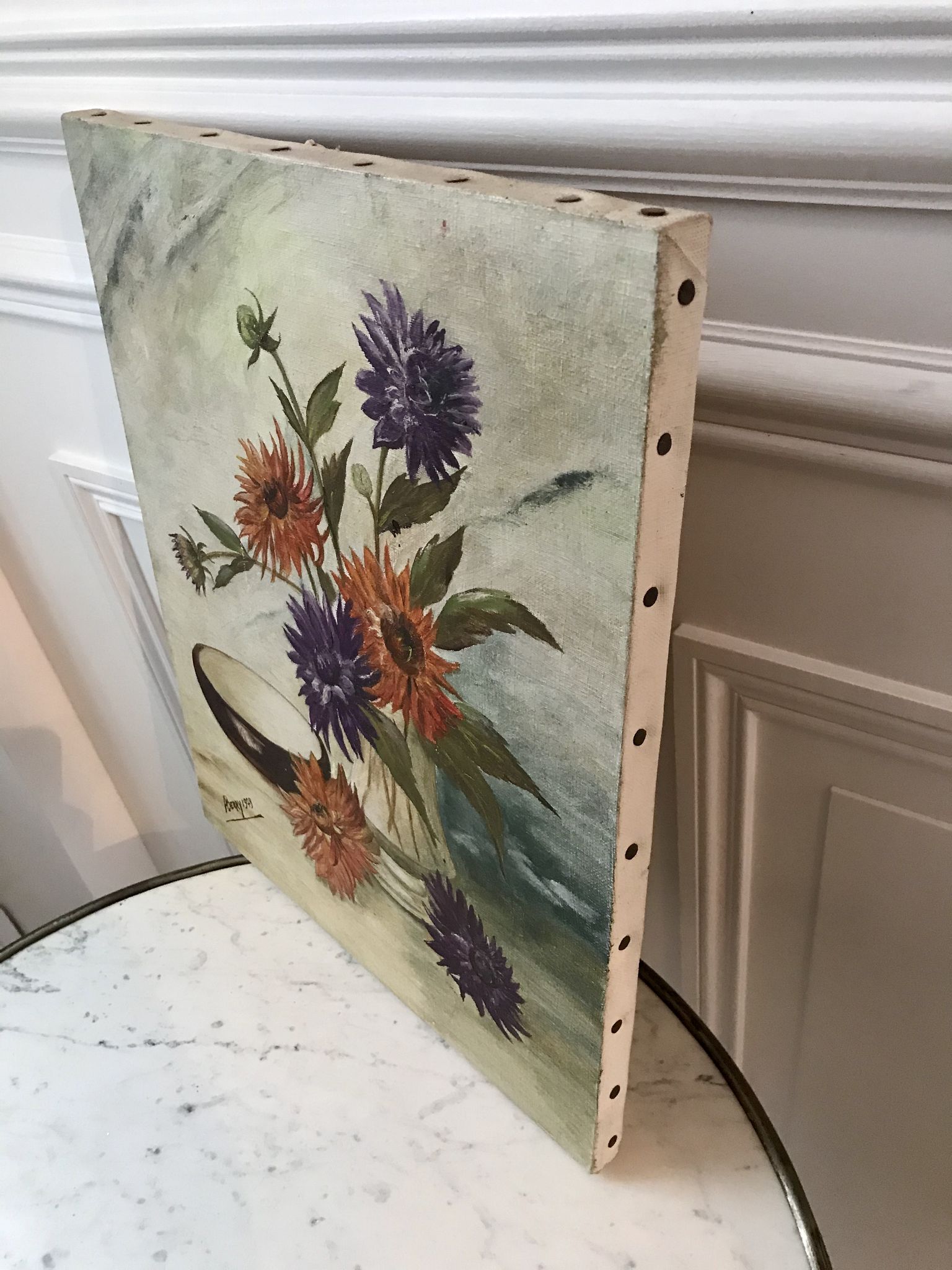 Oil painting on canvas still life bouquet buttercups and lilacs signed vintage