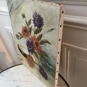 Oil painting on canvas still life bouquet buttercups and lilacs signed vintage