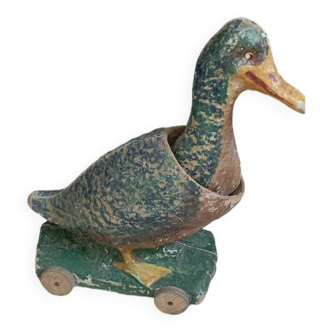 Ancien jouet, canard à tirer en papier mâché/carton bouilli